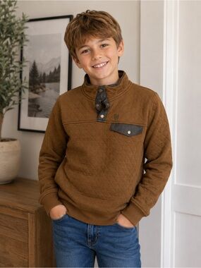 HEYBO Boys Quilted Snap Neck Pullover Sweatshirt Brown Youth Large Outdoor